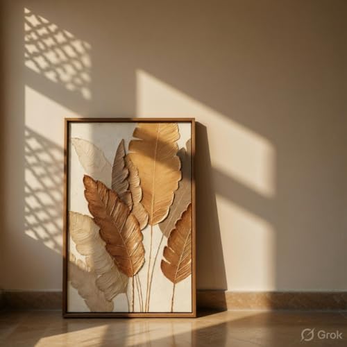 Image of SAF Minimalist Botanical Leaf Wall Painting with Wooden Frame | Modern Beige Leaf Artwork HD UV Laminated MDF Wall Decor | Aesthetic Nature Wall Art for Living Room Bedroom Home 13.5 Inch x 19.5 Inch