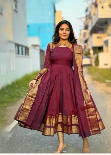 Image of Blueberry Maxi Dress for Women in Silk Cotton Fabric - Jacquard Weaving with Jari, Full Flared Design & Unique Butterfly Back Pattern