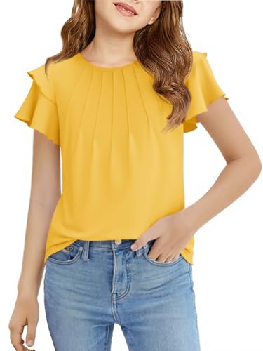 Image of Haloumoning Girls Pleated Ruffle Short Sleeve Shirts Kids Summer Crewneck T-Shirts Fashion Tops Tees 5-14 Years