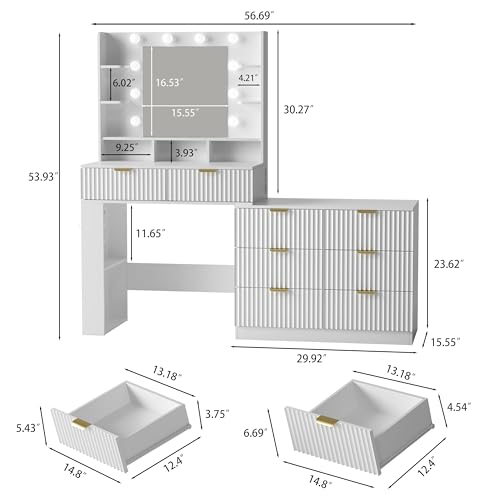 Image of Makeup Vanity Desk with Mirror and Lights, 57 inch Fluted Vanity Dresser Combo & Storage Shelves, Vanity Mirror with Mirror and Lights with 8 Drawers, 3 Color Modes, Dressing Table Set for Girls, White