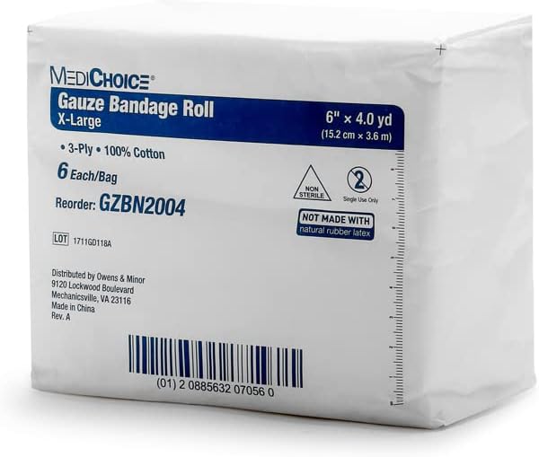 MediChoice Gauze Roll Bandage, 3-Ply, Non-Sterile, 6 Inch x 4 Yards, White, 1314GZBN2004 (Case of 48)