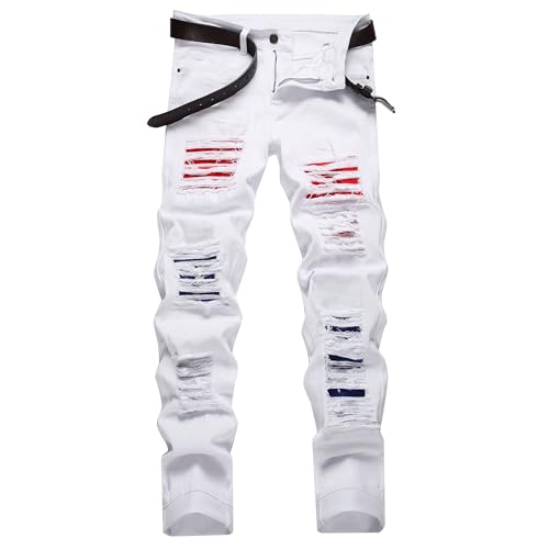 Image of Men's Ripped Slim Fit Jeans Straight Leg Denim Pants