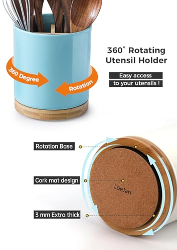 Image of LoeJan 3 Compartment Utensil Holder, Extra Large Utensil Crock, Stable Ceramic Utensil Organizer, Cooking Tool Organizer Set for Kitchen Counter Farmhouse Decor, Turquoise