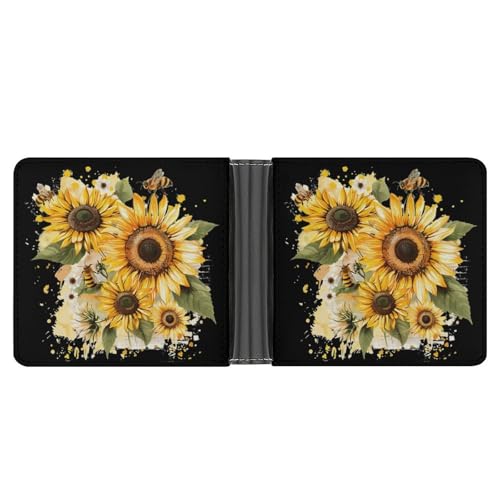 Sunflowers Bees Funny Billfold Wallet Credit Card Holder Slim Passcase Pouch Purse for Men Women