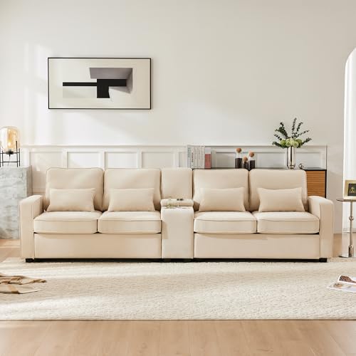 Sofá tapizado moderno de 4 plazas de tela de lino con soporte para bebidas, puertos USB, espacio de almacenamiento y bolsillos para reposabrazos, cómodo sofá tapizado con cojines, ideal para salón,