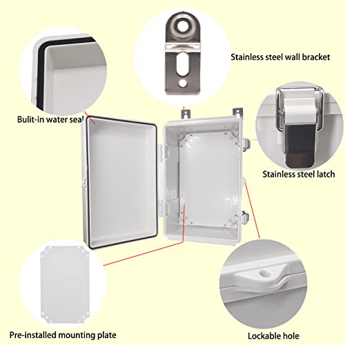 Yetlebox Waterproof Electrical Box With Mounting Plate 300X200X170Mm, Ip67 Junction Box Stainless Steel Latch Hinged Grey Cover Project Enclosure With Wall Bracket And 2 Glands 11.8"X7.9"X6.7" #TOP2