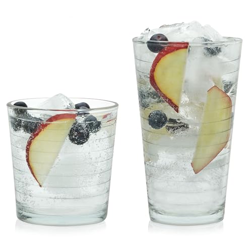 Libbey Hoops Tumbler and Rock Glass Set, Two Sized Nostalgic Retro Glass Cups Set, Dishwasher Safe Glasses Drinking Set of 16 for Any Occasion