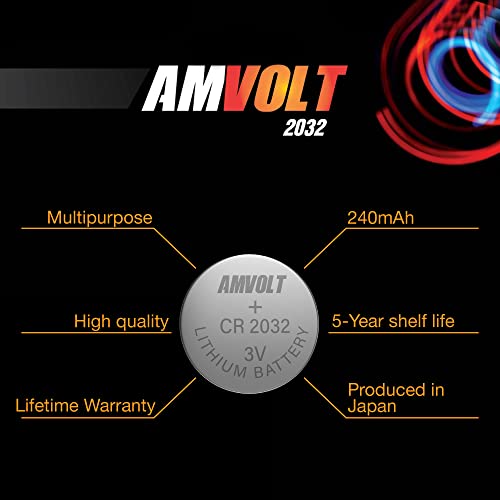 Amvolt 15 Pack Cr2032 Batteries [Extended Life] 220Mah 3 Volt Lithium Replacement Airbag 3V C2032 Watch Battery Coin Round Button Cell - Key Fob - Child Resistant | 5 Year Guarantee Shelf-Life #TOP5
