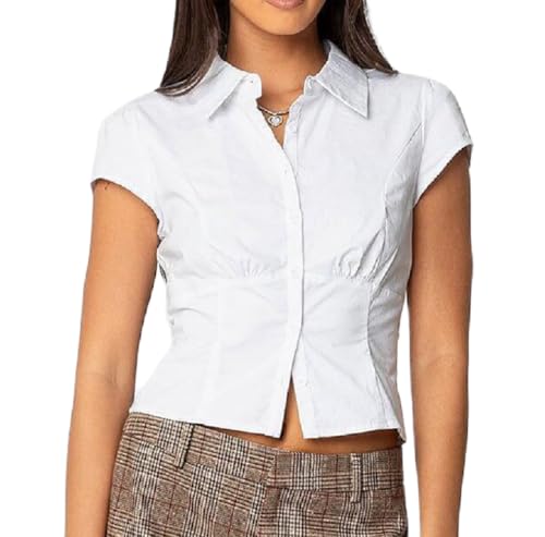 Women Y2k Short Sleeve Button Up Shirt 90s Coquette V Neck Slim Fitted Blouse Casual Preppy Vintage T Shirt Crop Top Solid White