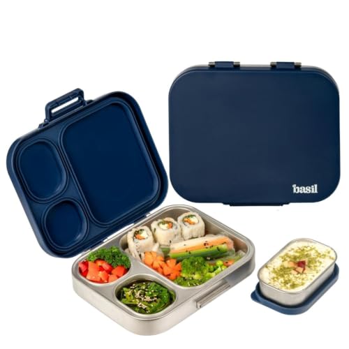 Image of Basil Bento Box Quad Plus - 3+1 Compartment Stainless Steel Lunch Box (1020ml) with BPA-Free Lid | Leak-Proof Tiffin for Kids & Adults | Premium Lunch Box for School, Office & Picnic - Indigo Zen