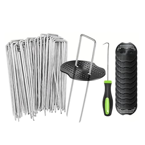 50 clavijas de tierra de membrana de malas hierbas de 6 pulgadas de acero galvanizado resistente y 50 arandelas amortiguadoras, clavijas de membrana de control de malezas, clavijas de jardín para