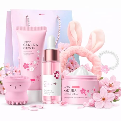 Sakura Skincare Set Gifts for Teenage Girls Pamper Gifts for Women | 7PC Gentle Cleanser Serum Cream with Hair Tie Brush & Headband | Pamper Set for Teen Women Mom | Birthday Travel Skincare Set