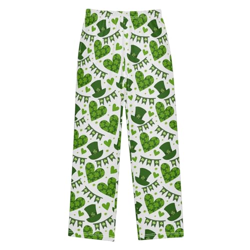 Shamrock Love Heart Leprechaun Hat Boys Long Pants Soft Trousers Elastic Waist Kids Lounge Bottoms with Pockets S-XL