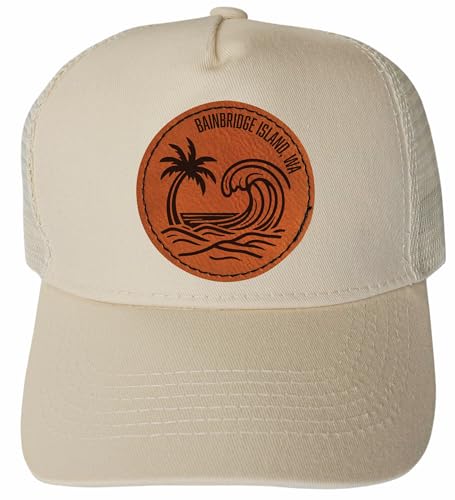 R and R Imports Bainbridge Island Washington Palm Design Trucker Hat Unisex Snapback with Engraved Leather Patch (Cream)