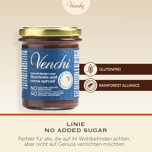 Venchi – Streichcreme Kakao und Haselnuss NO Added Sugar, 200 g – Ohne künstliche Süßstoffe – Mit Piemont-Haselnüssen – Glutenfrei