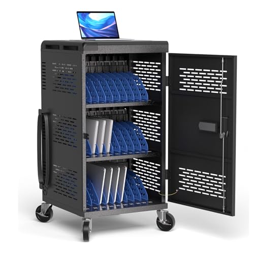 Fully Assembled 30 Unit Device Charging Station for Chromebook, iPad, 14'' Laptop - Pre Built Charging Cart with Charger Cable Management, Circuit Breaker, Grounding Protection (Black)