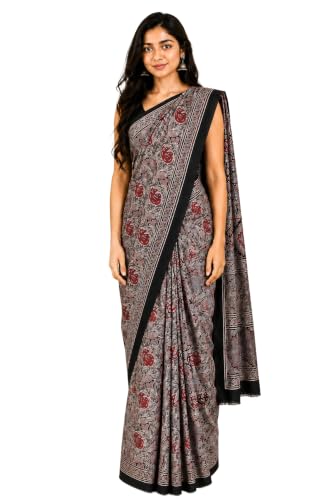 Image of Ethnics of Kutch Womenss Ajrakh Modal Silk Natural Dye Hand Block Print Saree with Blouse Piece - 5.5 Mtr Length (Brown 03601R)