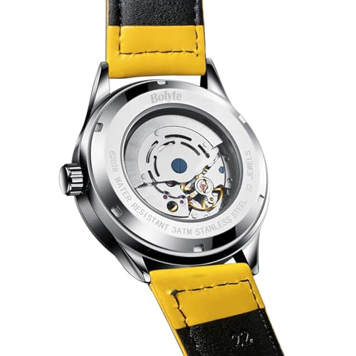 Bolyte Orologio Meccanico Automatico Da Uomo A Carica Automatica, Datario, Militare, Sportivo, Da Uomo, Con Cinturino In Pelle (Giallo), Giallo, Militare - 2
