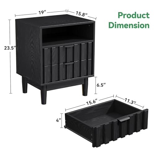 HOCAT Fluted Nightstand Set of 2, 19" Wide Night Stand with Solid Wood Legs, Open Storage Shelf, Mid Century Modern Wooden Bedside Table for Bedroom, Bed End Side Table, Black — view 2