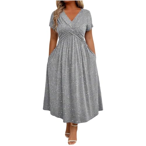 Womens Sparkly V Neck Midi Dress Short Sleeve Sequin Glitter Party Dress Plus Size Cocktail Evening Gown with Pockets Gray 3XL