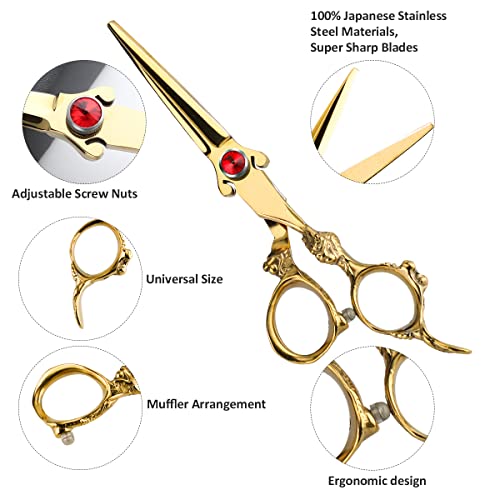 Professional 440C Hair Cutting Scissors Sets 6.5” Overall Length Straight Scissors Thinning Scissors Tools Stainless Steel Salon Barber Hairdressing Shears For Family And Friends' Gifts (Gold) #TOP1