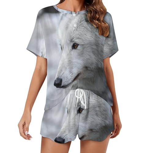 Pyjama femme Loup Blanc manches courtes ensemble homewear léger vêtement de nuit été