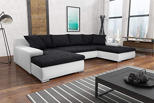 Tendencio Canapé d'angle panoramique Convertible en lit KORSE avec Coffre de Rangement (Noir et Blanc)