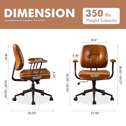 Image of Leather Home Office Chair, Mid Back Ergonomic Desk Chair with Lumbar Support, Mid Century Modern Deep Seat Swivel Rocking Computer Chair, Brown