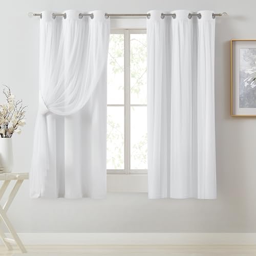Image of Bujasso White Full Blackout Curtain Panels with Sheer Overlay Mix and Match Double Layer Thermal Insulated Window Treatment Set for Living Room White Drapes with Tiebacks Grommet Top 37 inch Wx63 Lx2