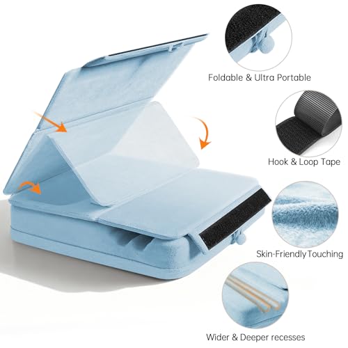 Image of Tablet Pillow Stand with Storage, Foldable iPad Holder for Lep, Bed, Sofa, and Desk - Soft Pad Dock with Pocket and Stylus Mount Compatible with 4-13 inch iPad Pro /Air /Mini, Galaxy Tab, Kindle