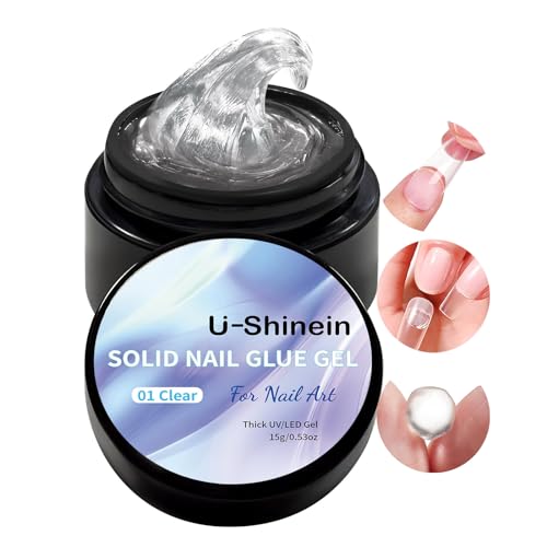 U-Shinein 15g Solid Nail Gel Glue, Clear Press on Solid Glue Gel for Acrylic False Nail Tips, Soft Gel Nail Tips Glue, Non-Stick Hands 3D Carving Gel UV LED Nail Glue Gel for Nail Art DIY Manicure
