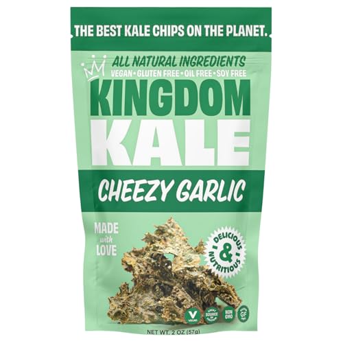 Kingdom Kale, Kale Chips, Cheesy Garlic, Healthy Snacks, Plant Based, Gluten-Free, Soy-Free, Non GMO, Vegan, Plant Protein Snacks, Air Dried Snacks, 2 oz
