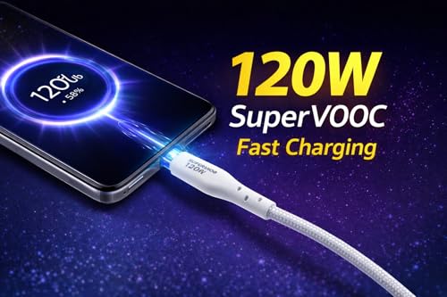 Image of USB Type-A to Type-C Fast Charging Cable, 120W SuperVOOC, Nylon Braided, 2 Meters, White (1, 200, Centimeters)