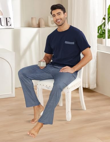 Mens Pajamas Set Soft Pjs for Men Cotton Short Sleeve Top and Long Pants Sleepwear 2 Pieces Loungewea Sets3