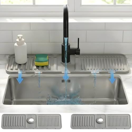 Silicone Faucet Mat for Kitchen Sink Splash Guard, 2-Piece Set – Each (15 × 4.5 in) – 5° Slope Fast Draining Water Guard – Universal Fit for 3.5–6 cm Faucets – Counter Protection, Grey