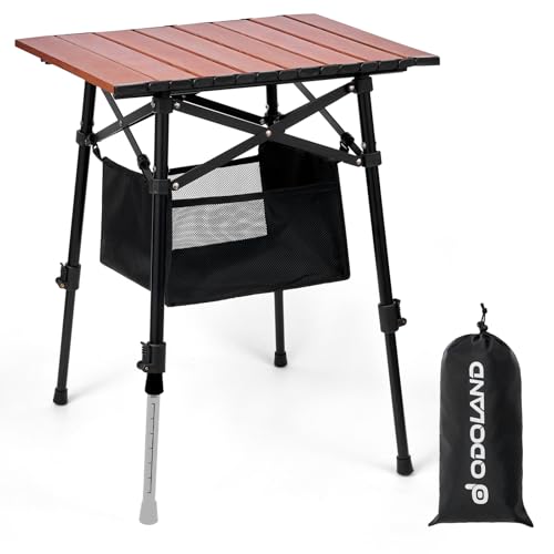 Odoland Folding Camping Table with Sturdy Storage Bag, Adjustable Height Portable Lightweight Mini Beach Table for Outdoor Travelling L 46*42*42-60cm