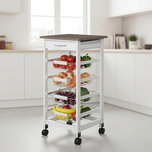 INDE MOBLEKIT | Carrito Auxiliar con Ruedas 4 Estantes con Cajón, Verdulero de Cocina en Madera Blanca, Verdulero con Cajones y Estantes, Mueble Auxiliar de Cocina y Almacenaje Hogar