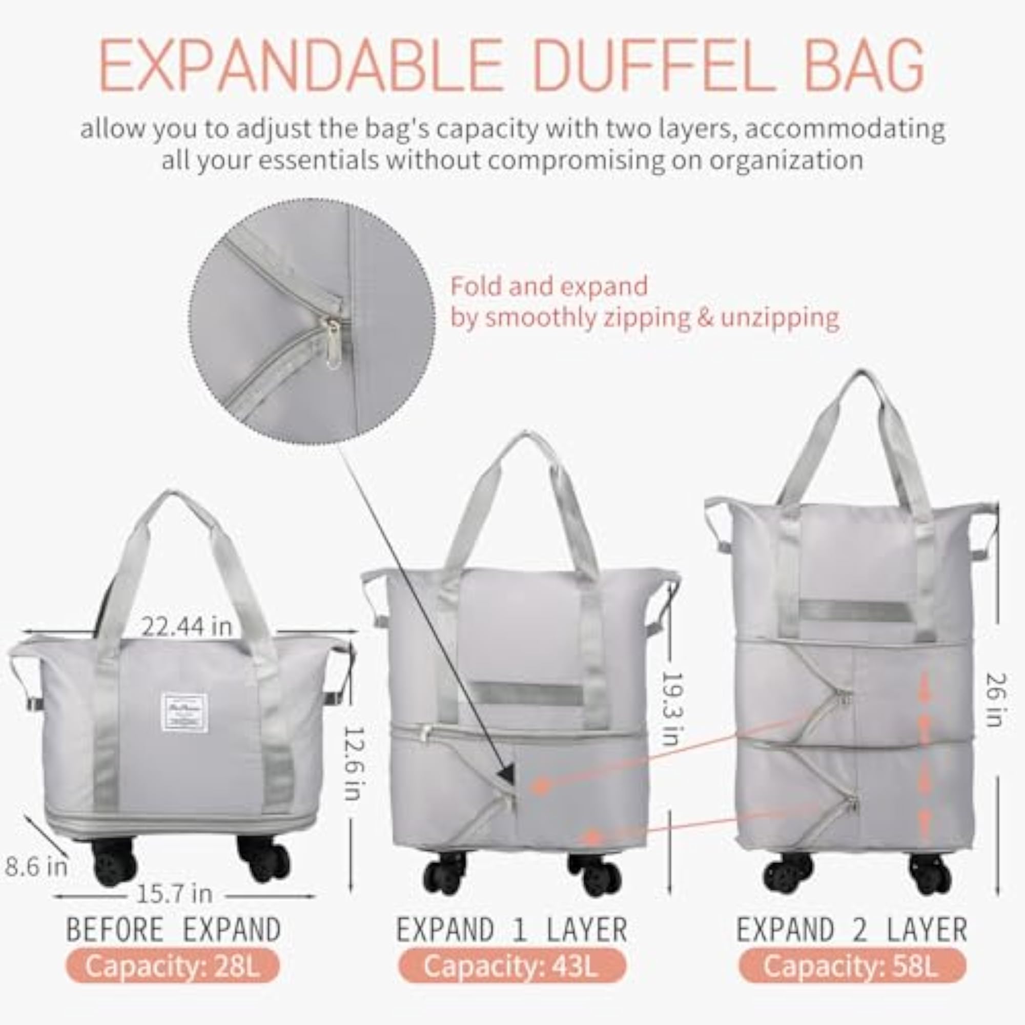 Expandable Rolling Duffle Bag with Wheels for Travel