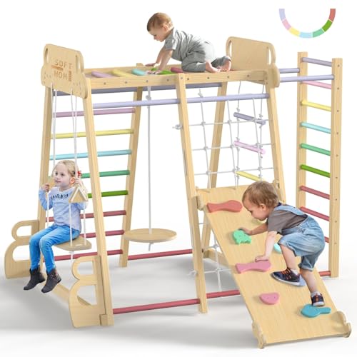 SOFTHOM Maxi Klettergerüst Indoor, Montessori Kinder Klettergerüst, 10-in-1 Holz Spielplatz für Kinder ab 1 Jahr mit Rutsche, kletterwand und Schaukeln, Kletterturm, Indoor-Spielplatz, Regenbogen
