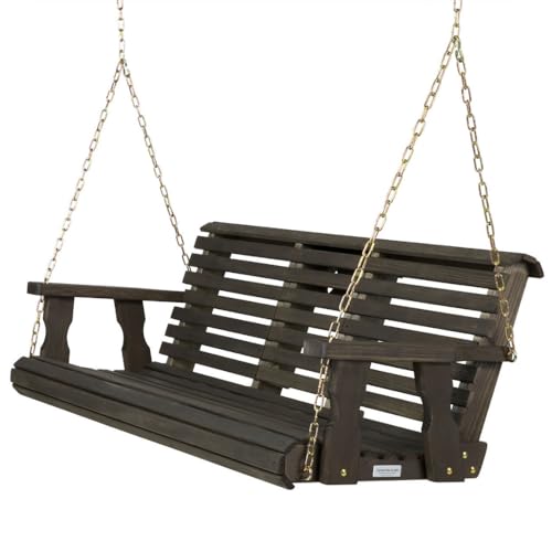 Image of Porchgate Amish Heavy Duty Console Porch Swing with Fold Down Cup Holders in Dark Walnut Stain - Amish Made in The USA from Treated Pine, Hanging Chains Included