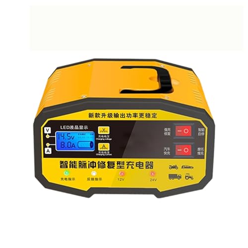 Cargador de batería de 12 V – Cargador de batería para automóvil de 12 voltios 24 voltios – Detector digital de voltaje y temperatura, para coche de camiones SUV Sedán para motocicletas uso al aire