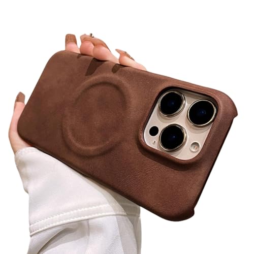 Coque cuir et fourrure iPhone 14 luxe magnétique marron