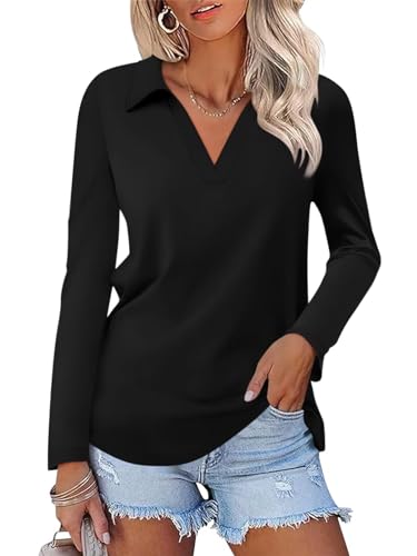 ORANDESIGNE Women's Long Sleeve Polo Shirts Casual Color Block V Neck Tops Fall Collar Ladies Tunics Tees A-black