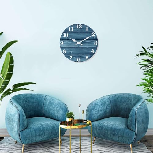 Image of XFM Large Blue Wall Clock Battery Operated 20 Inch Silent | Vintage Farmhouse Rustic Wooden Round Decorative for Kitchen Living Room Bedroom Office Non-Ticking