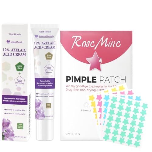 20G Crème Acide Azelaique + Patch Bouton 200pcs, Crèmes Visage Azélaïque 12% Sérum Formule Apaisante Efficace Coins Contre Rosacée, Anti-Pigment Spots, pour Tous Types de Peau