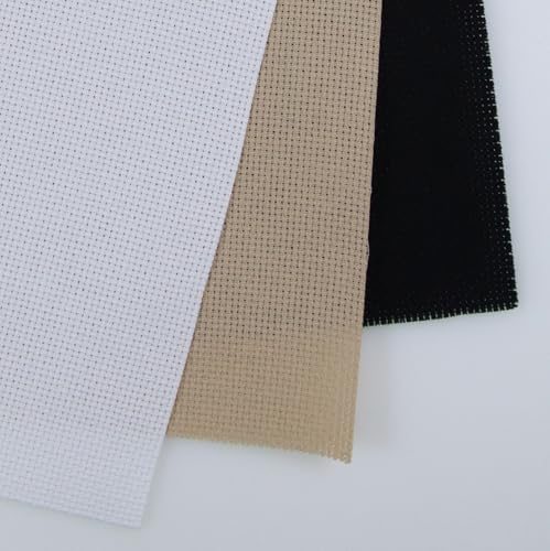 Image of KCS 3 pc of 15 inch x 18 inch(38cmx45cm) Counted Cross Stitch Cotton Aida Cloth Needlework Rolled Fabric Box,16CT,White+Khaki+Black