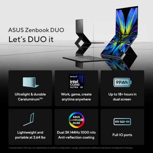 Image of Mavark Zenbook Duo Dual 14 inch OLED 3K 144Hz Touch Laptop - Intel Core Ultra X9 388H, Intel Arc Graphics, 32GB RAM, 2TB SSD, Stylus Pen WiFi 7, Win 11 Pro CPS Warranty