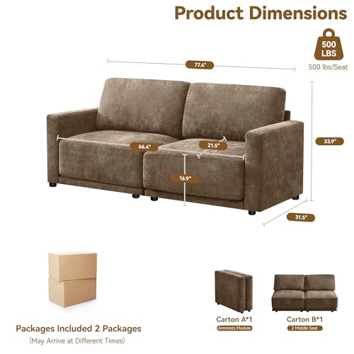 Image of 77.4 inch Chenille Modular Loveseat Oversized Upholstered 2 Seater Sectional Sofa with Thickened Cushions, Easy Assembly, Modern Comfy Love Seat Couch for Living Room, Brown