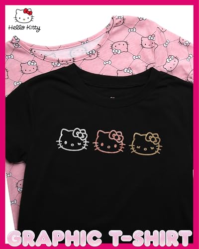 Image of Hello Kitty Girls Shirts - 2 Pack Cotton Blend Short Sleeve Tops - Crewneck Cute Graphic Girls Tee Shirt Pack