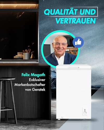 Foto von Geratek - Gefriertruhe Regina - GT1100W - kleine Tiefkühltruhe mit 99 Liter Nutzinhalt - Gefriertruhe mit integriertem Gefrierkorb - Freistehende Kühltruhe - Gefriergerät mit regelbarem Thermostat